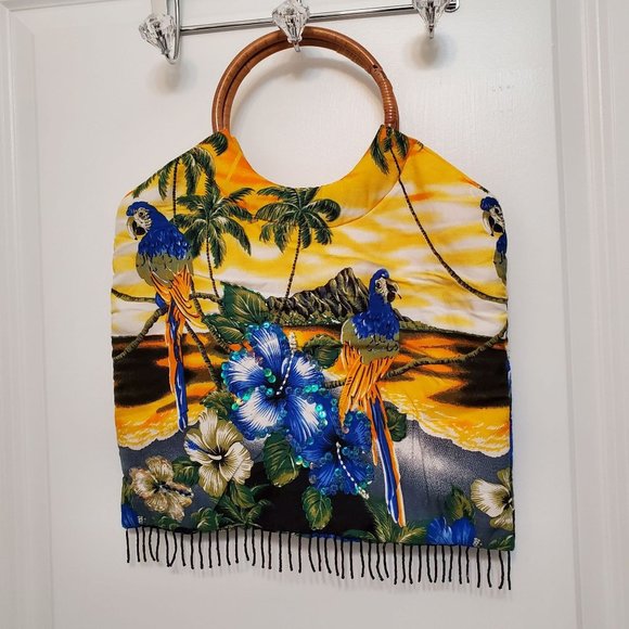 Vintage 1970s Bamboo Parrot Bag, Tropical Bird Sunset Handbag Purse Beads Sequin - Picture 1 of 10